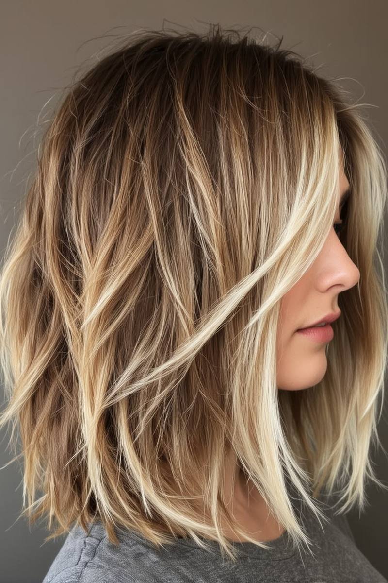 Long layered bob with soft perm wave texture