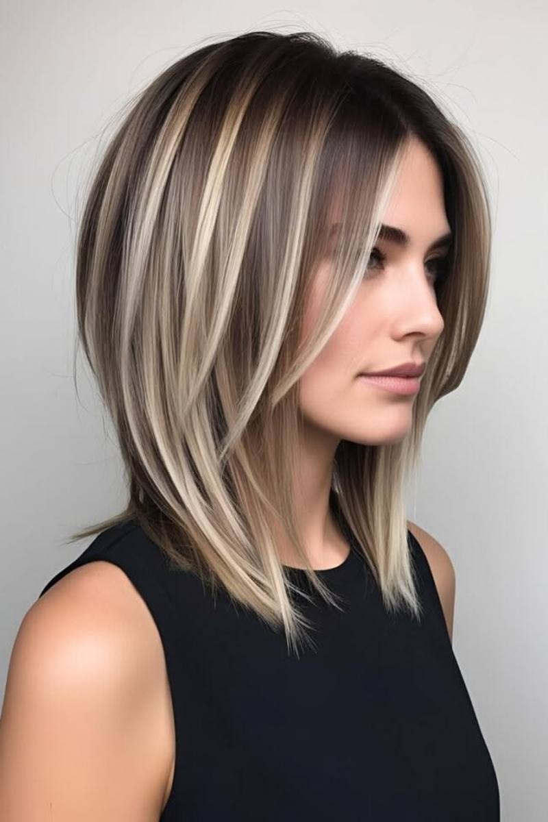 Copper-toned long layered bob with dimensional colour