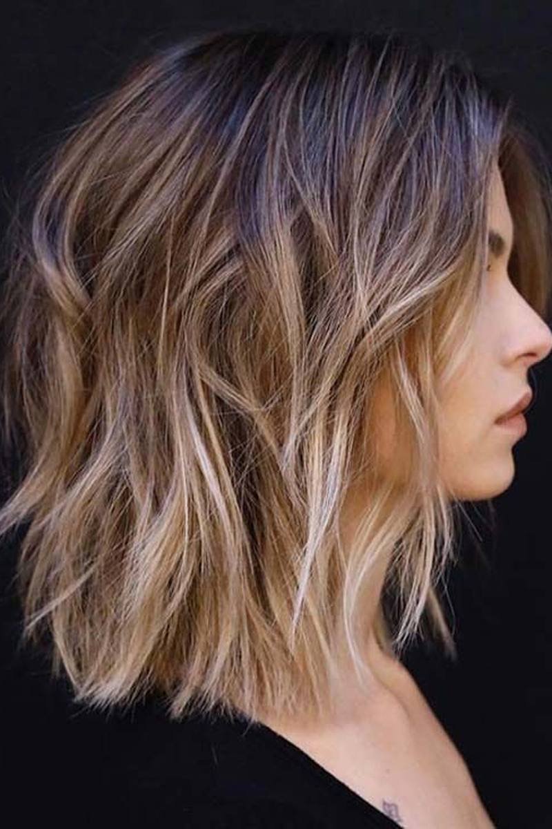 Rich chocolate-brown long layered bob