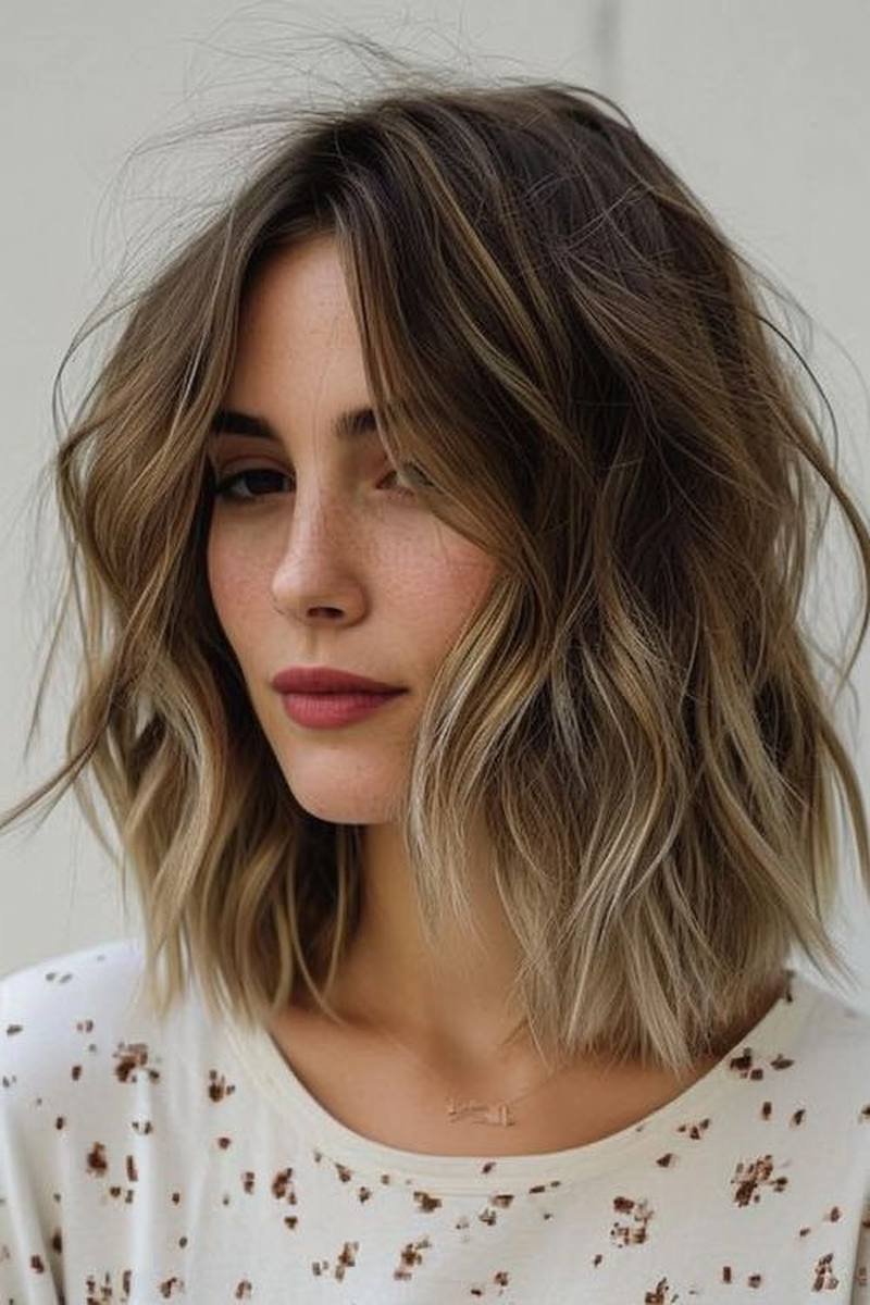 Glossy glass-hair long layered bob with volume