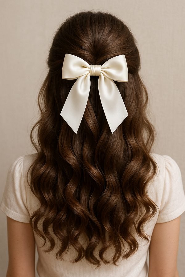 Ivory satin bow on soft brunette waves, back view
