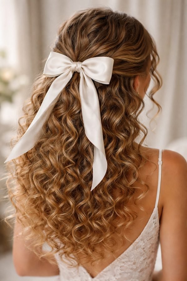 Curly half-up hairstyle with a long-tail white satin bow