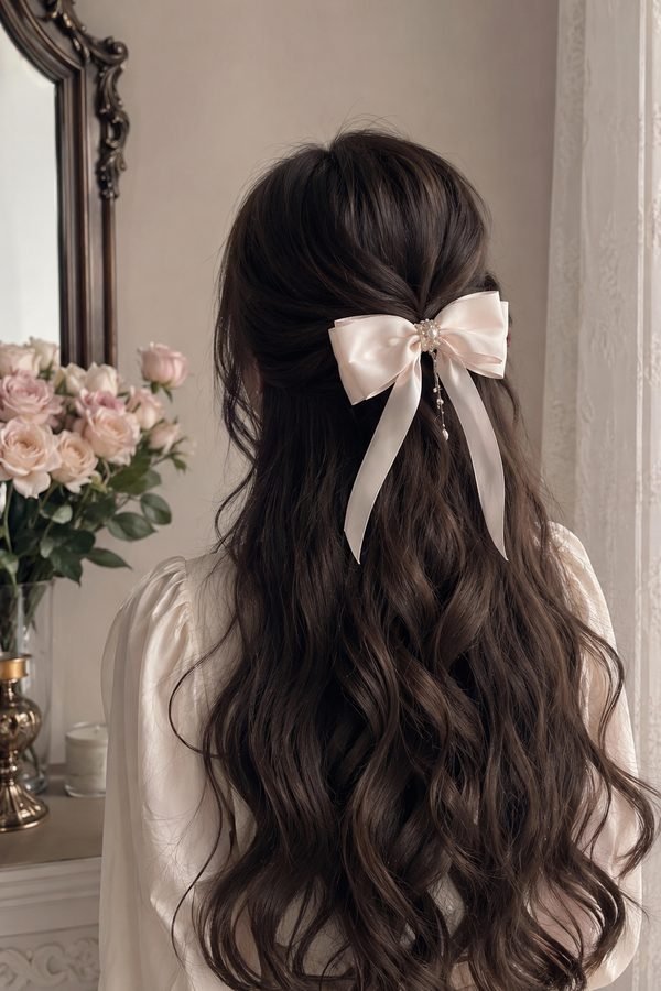 Long cream ribbon bow on dark wavy hair