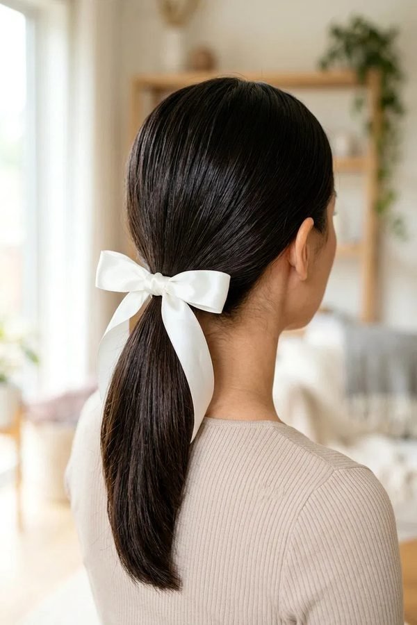 Bow hairstyles with a satin ribbon tied on a sleek low ponytail