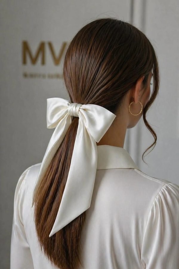 Sleek low ponytail with an oversized ivory satin bow