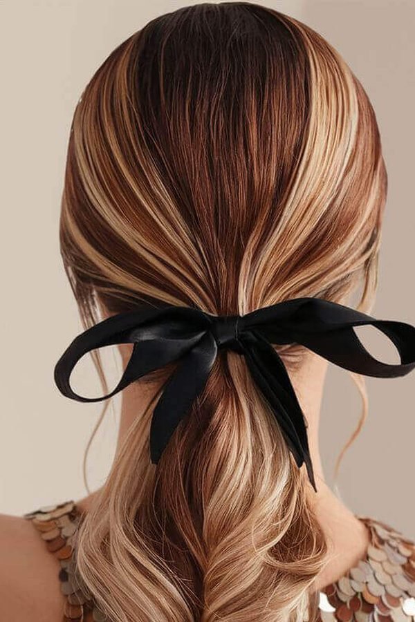 Thin black ribbon bow on a balayage low ponytail