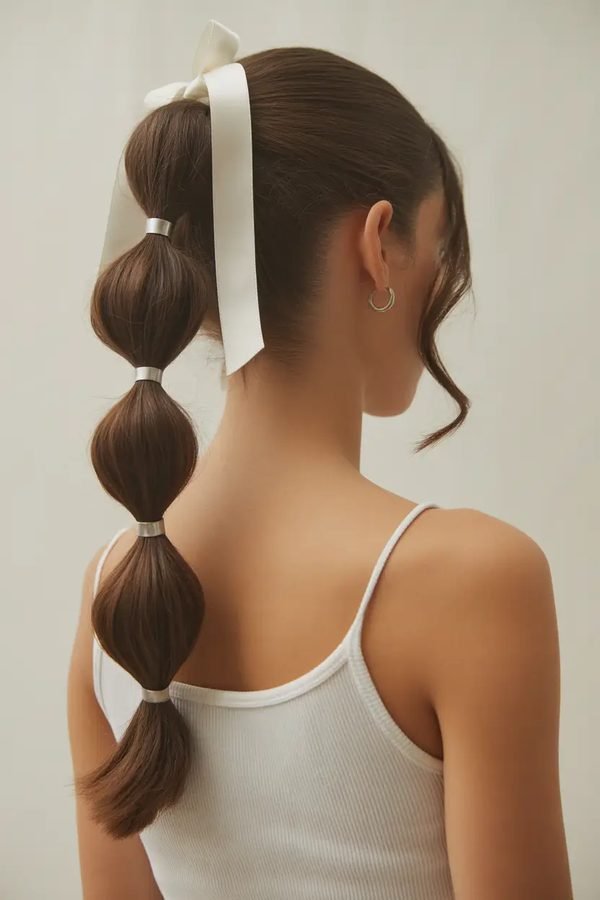 Bubble ponytail finished with a white ribbon bow