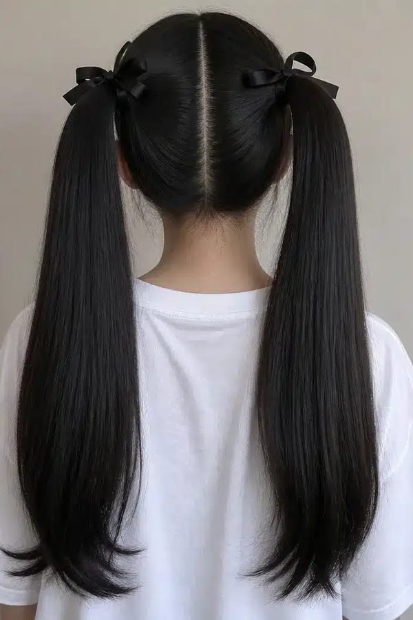 Sleek twin ponytails with small black bows