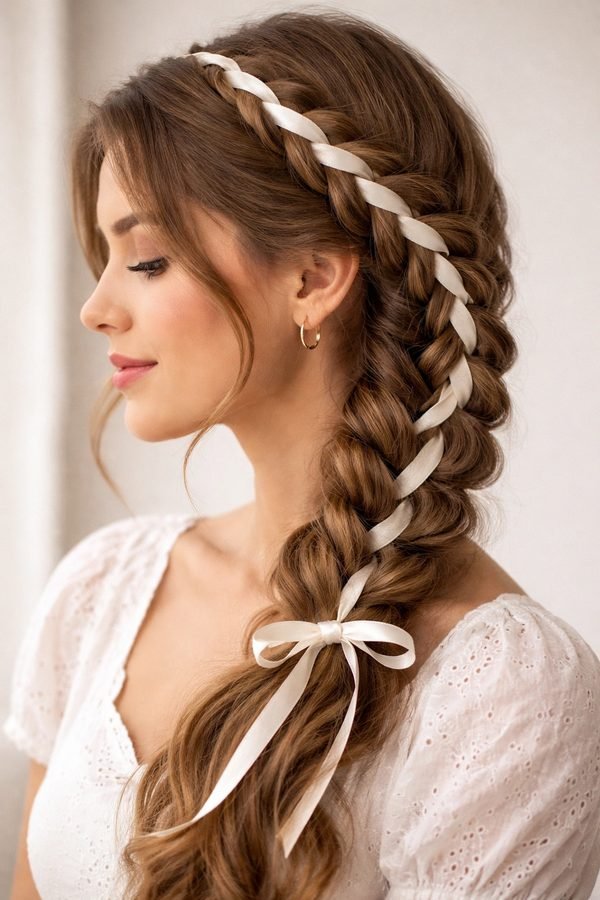 French braid woven with white ribbon and finished with a bow
