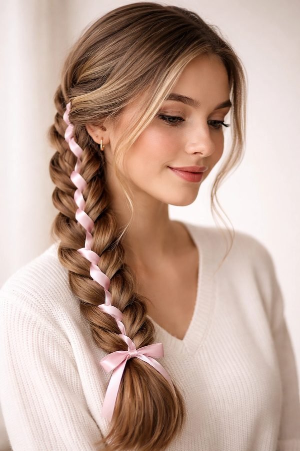 Side braid woven with pink ribbon