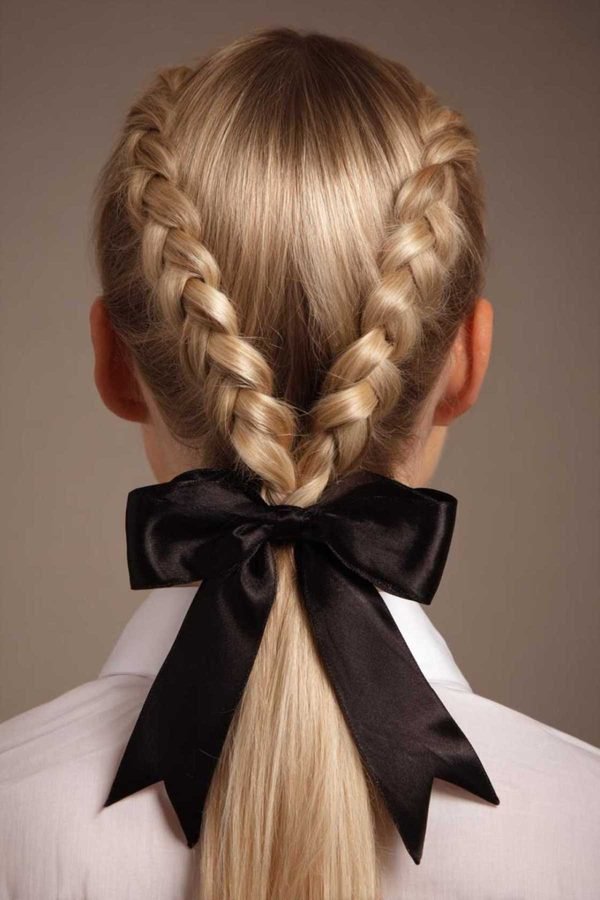 French braid into a ponytail with a large black bow