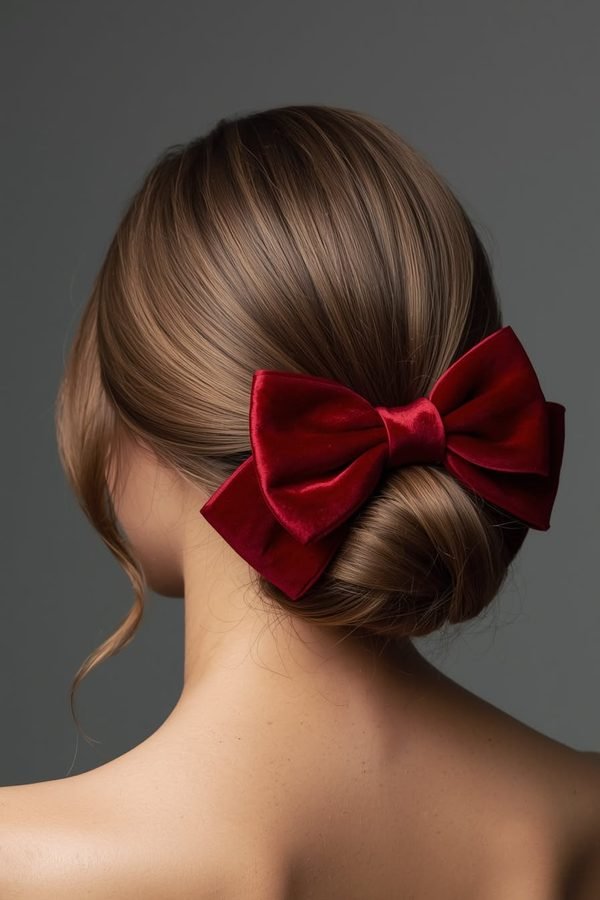 Low bun with a red velvet bow for the holidays