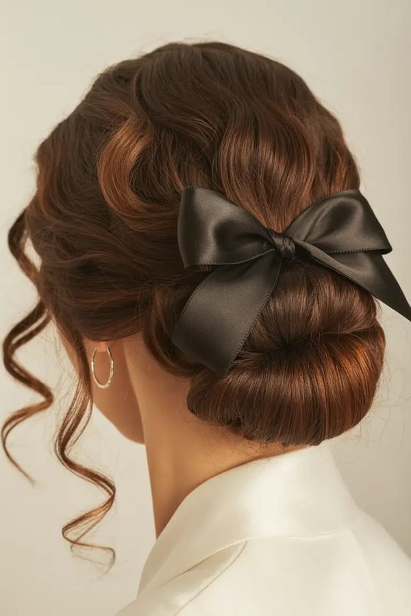 Elegant chignon with a black satin bow