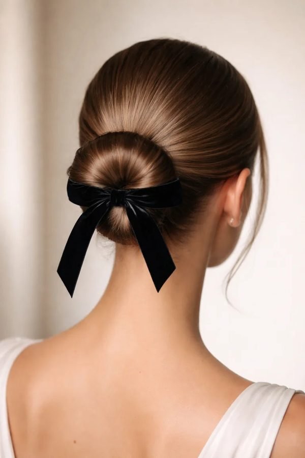 Sleek low bun with a black ribbon bow