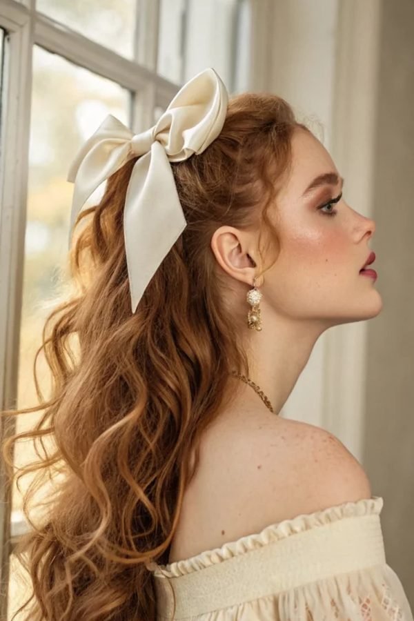 Side-swept curls tied with a cream bow