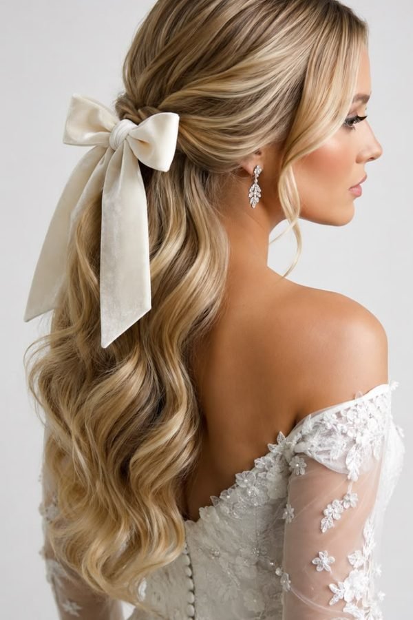 Bridal half-up hairstyle with an ivory bow