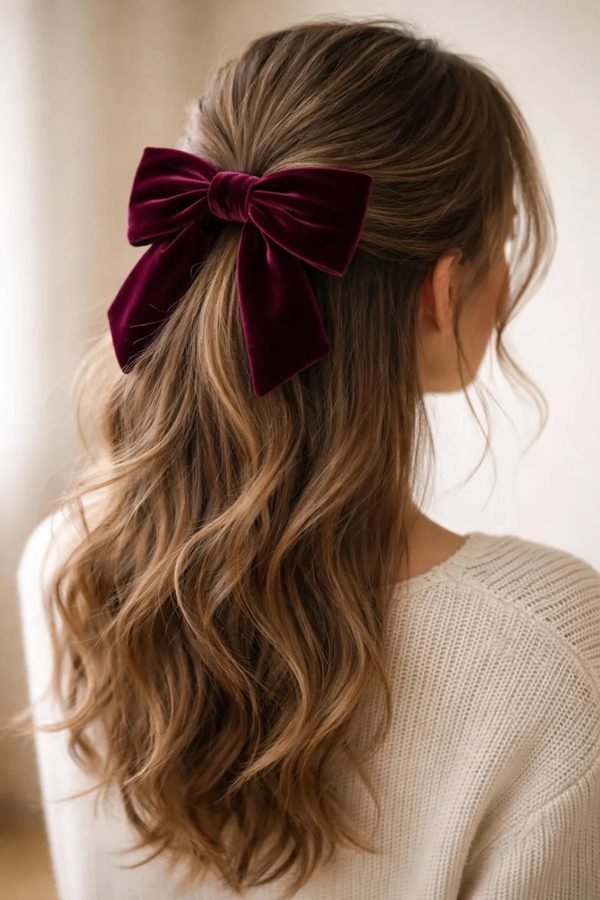 Bow hairstyles with a burgundy velvet bow on soft romantic waves