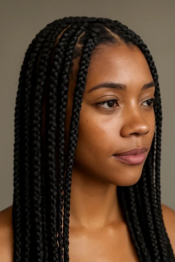 Classic medium box braids hairstyles worn long with a center part, side profile