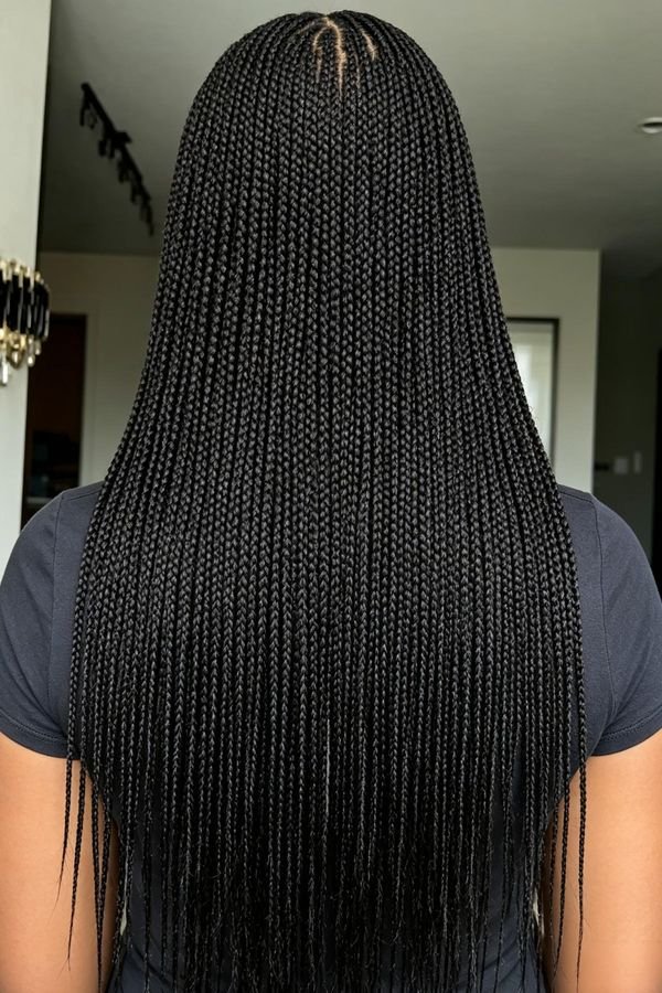 Waist-length box braids seen from the back, braids reaching the lower back
