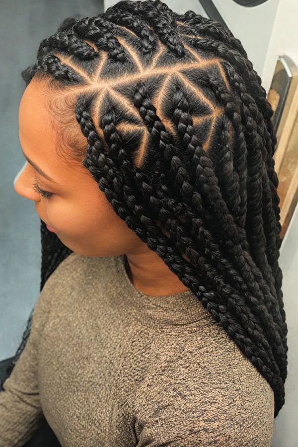 Triangle-part box braids in profile showing geometric triangle parts