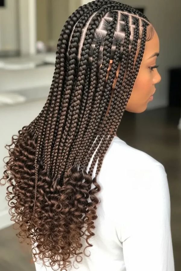 Box braids with curly ends, back view of brown braids finishing in spirals