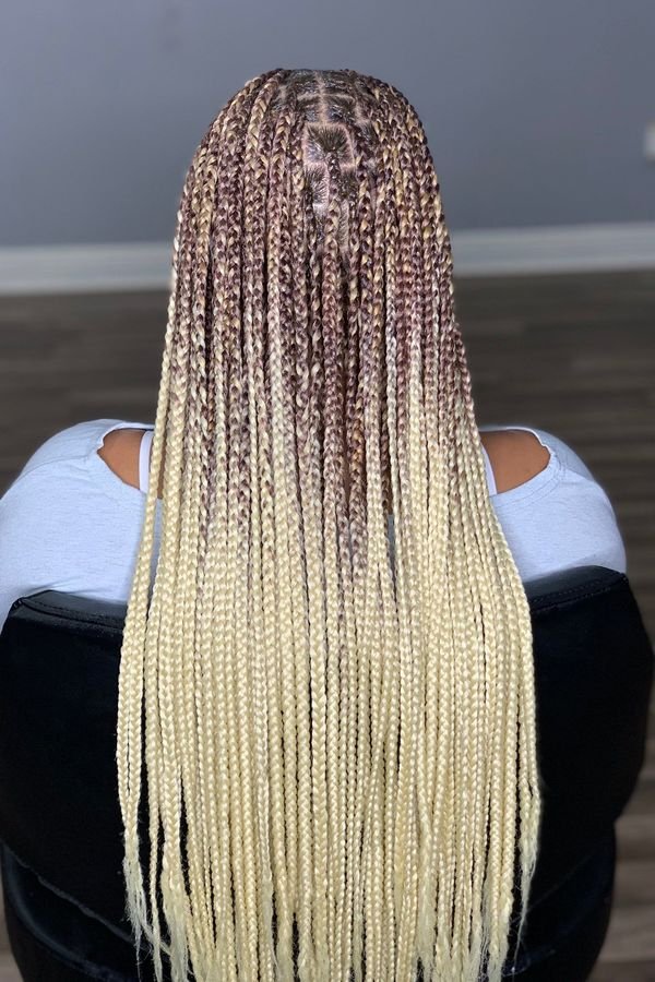 Ombré box braids fading from dark roots to platinum blonde ends, back view