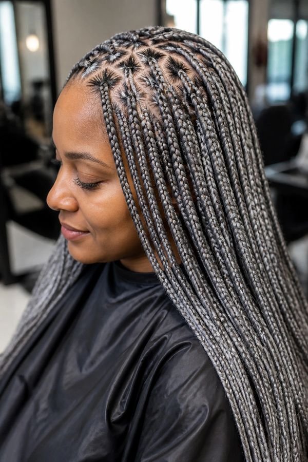 Silver grey box braids in profile with neat small parts