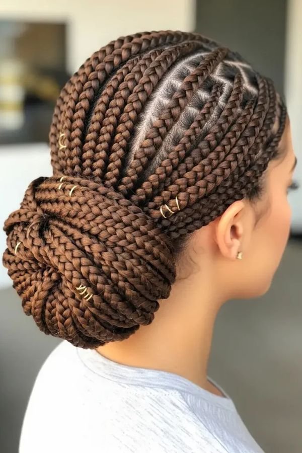 Brown box braids gathered into a low bun at the nape, back view
