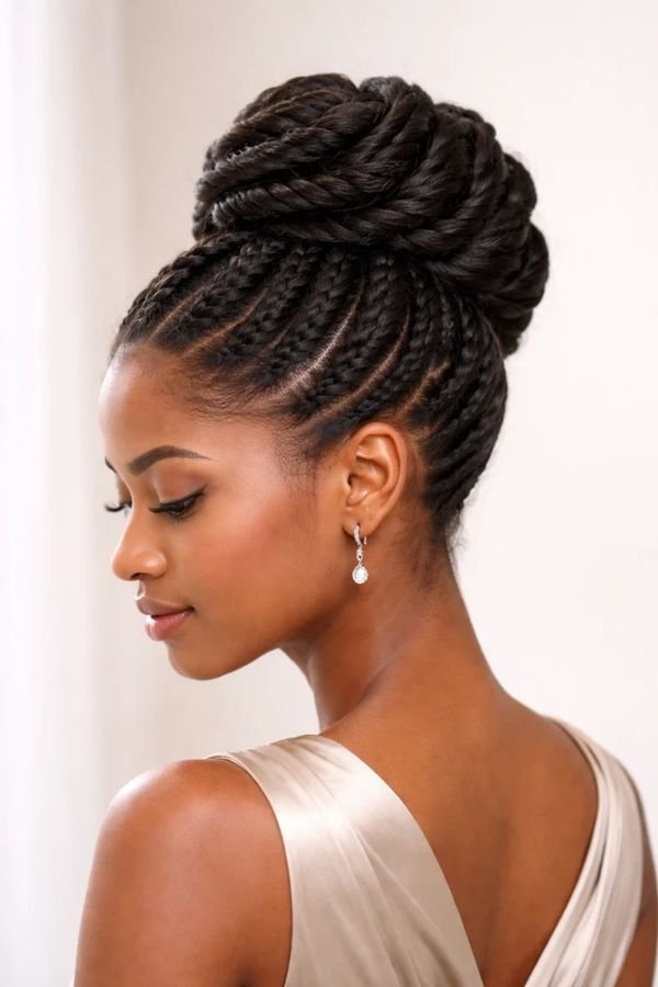 Elegant crown updo of wrapped box braids, side profile in a satin dress