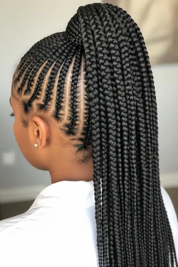 Sleek high ponytail of long box braids, back view