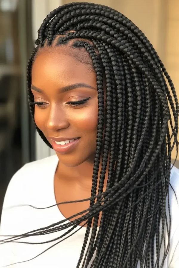 Side-swept box braids falling over one shoulder, smiling portrait