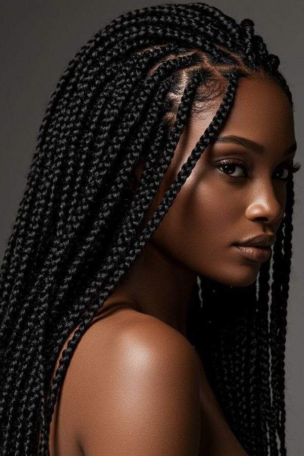 Sleek middle-part box braids in dark profile portrait