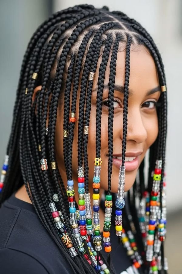 Box braids with colorful beads threaded on the ends