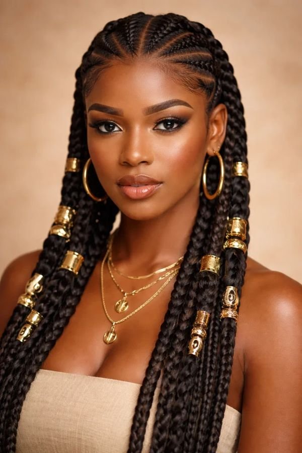 Box braids decorated with gold cuffs and rings, studio portrait