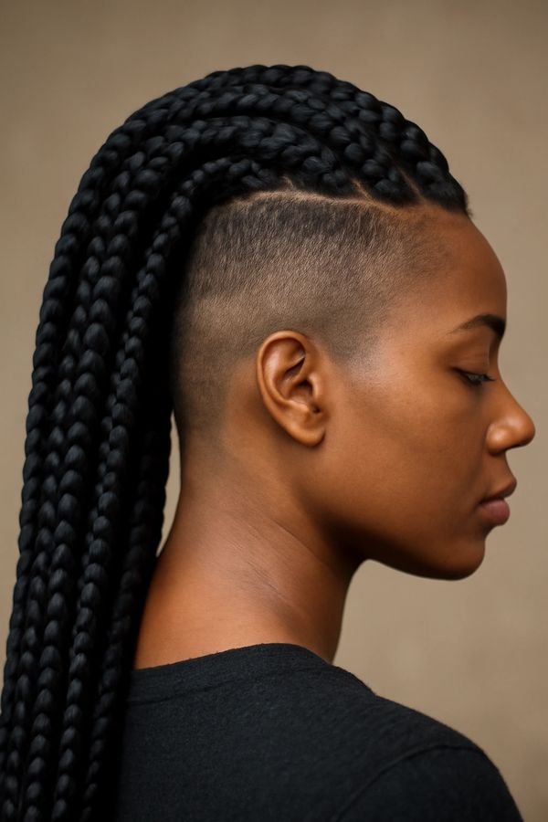 Long box braids with a shaved-side undercut, profile view