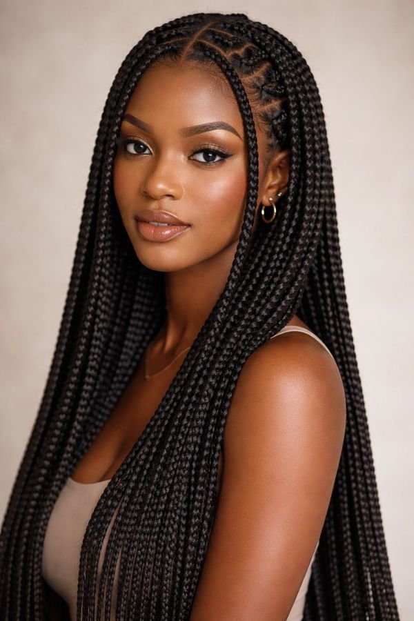 Woman with long classic box braids hairstyles in a studio portrait, braids falling over one shoulder