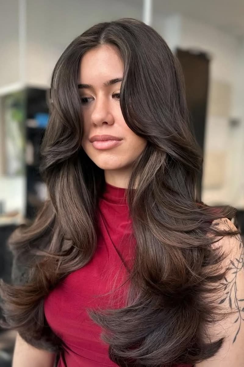 Classic long butterfly haircut with face-framing layers
