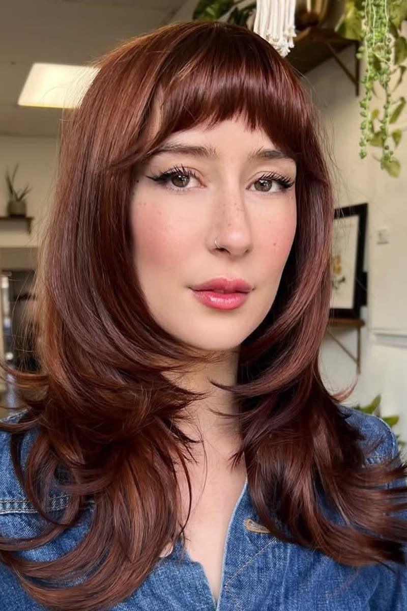 Butterfly haircut with short baby bangs