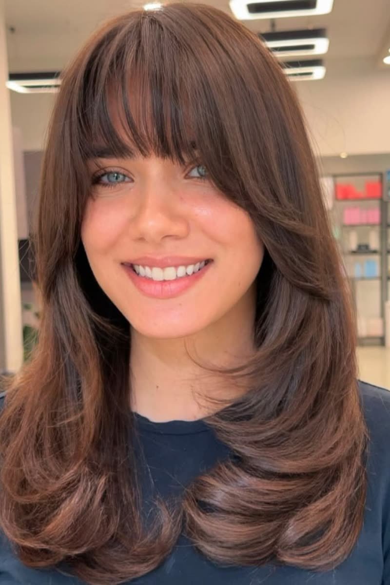 Butterfly haircut with a full straight fringe