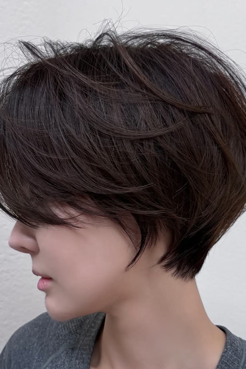 Pixie haircut with butterfly layering and feathery texture