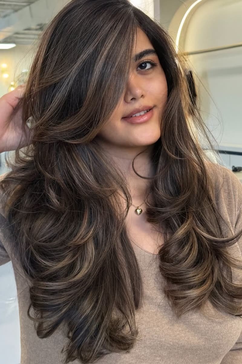 Side-swept butterfly haircut with a deep side part