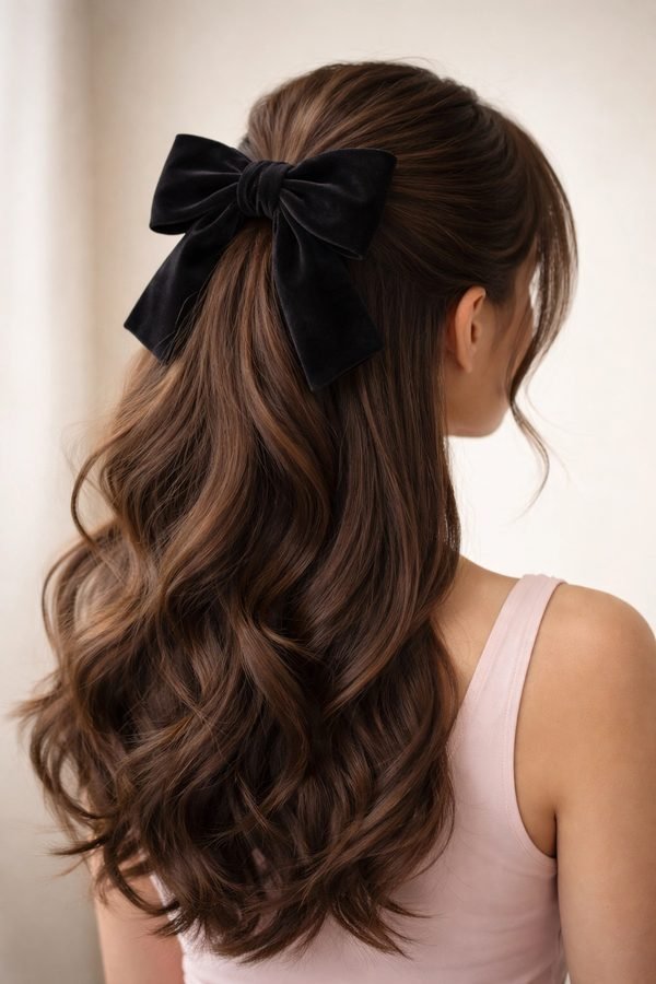 Half-up wavy hairstyle finished with a velvet bow
