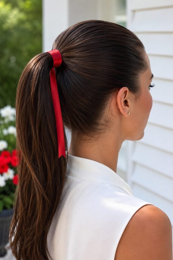 High ponytail wrapped with a red ribbon