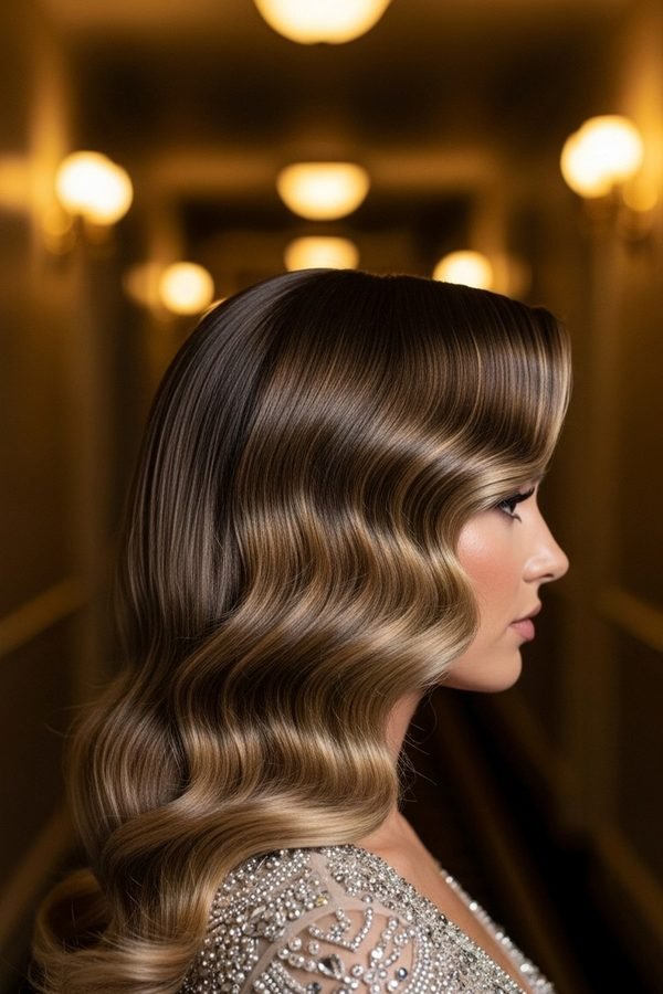 Side-swept vintage curls with deep shine