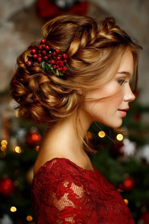Textured low bun with a festive berry hairpiece