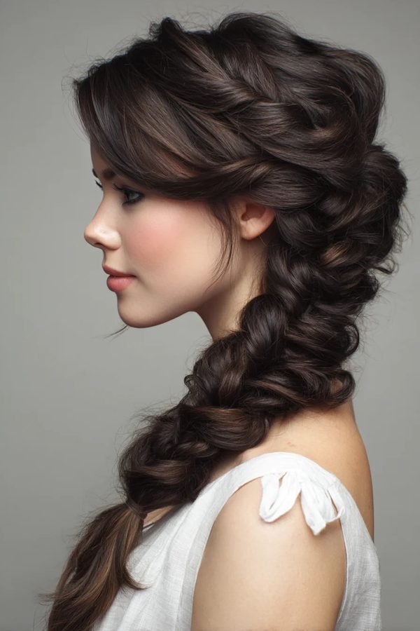 Voluminous side fishtail braid over one shoulder