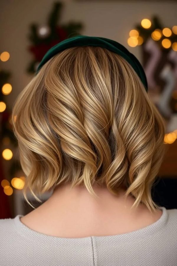 Textured wavy bob with a green velvet festive hairband, back view