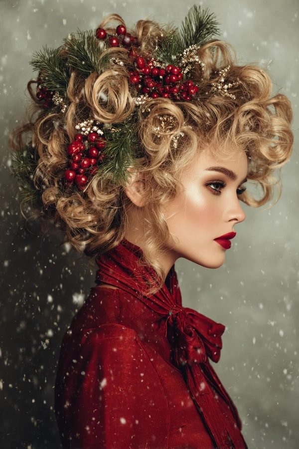 Voluminous curly updo with pine sprigs and red berry accents