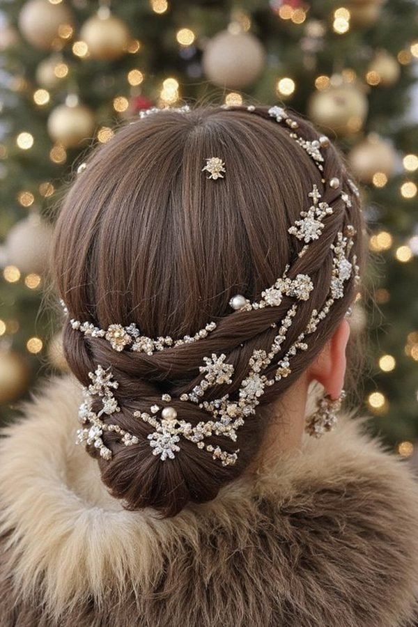 Braided updo covered in jeweled snowflake pins in front of a Christmas tree