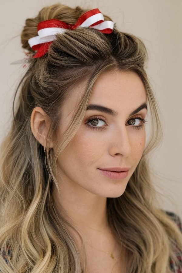 Half-up bun tied with a red and white bow
